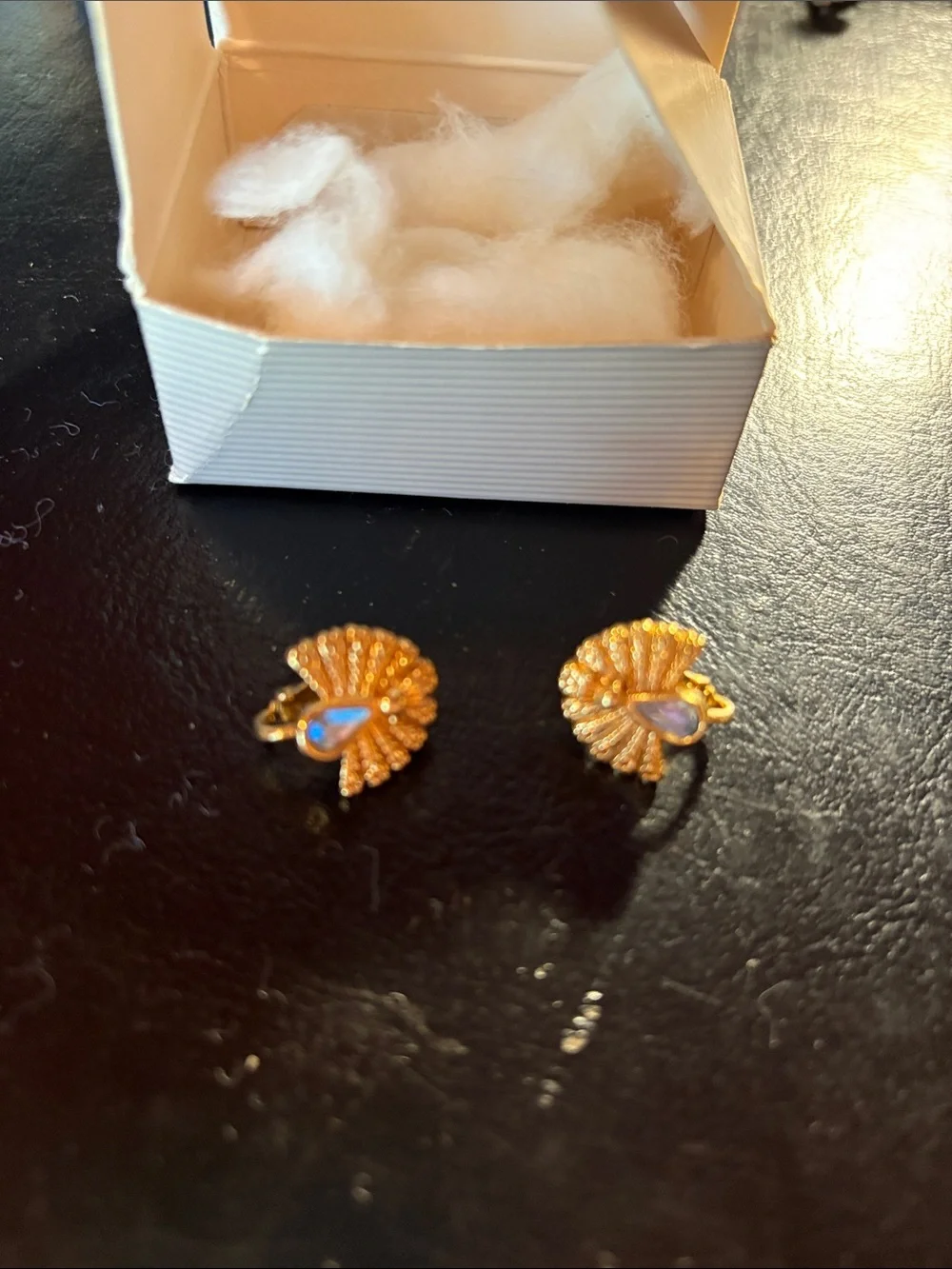 Avon Gold peacock Earrings with Blue Opal Teardrops